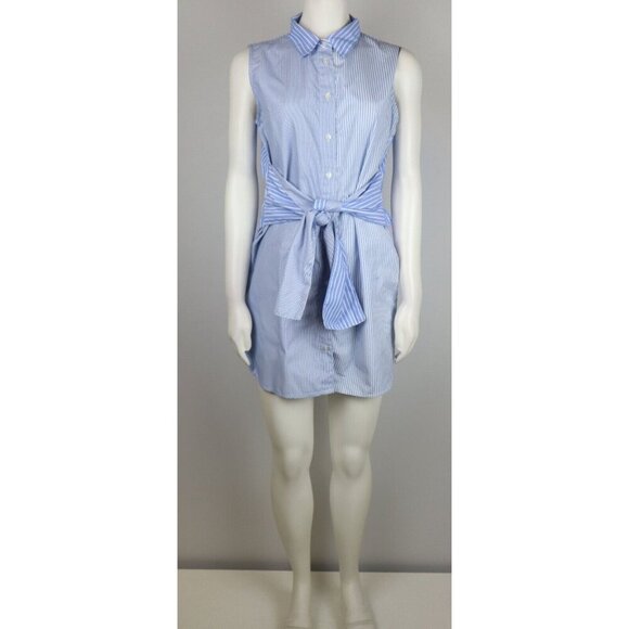 WOMEN'S BLUE STRIPED SLEEVELESS BELTED SHIRT DRESS - TRUE DESTINY - SIZE M - Picture 2 of 9